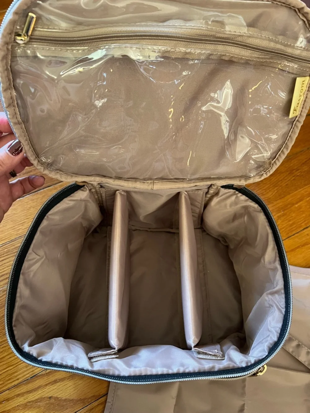 Hands Free Nursing Pump Black Bag with Gold Hardware, Tan Interior